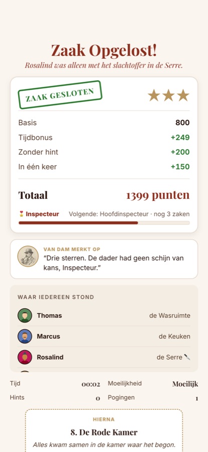 Het scherm Zaak Gesloten met sterren en punten